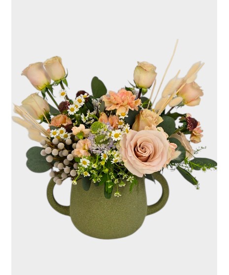 Mixed Pastel shades of roses, tulips , Hyacinth and modern succulents nested high quality lavender glass vase