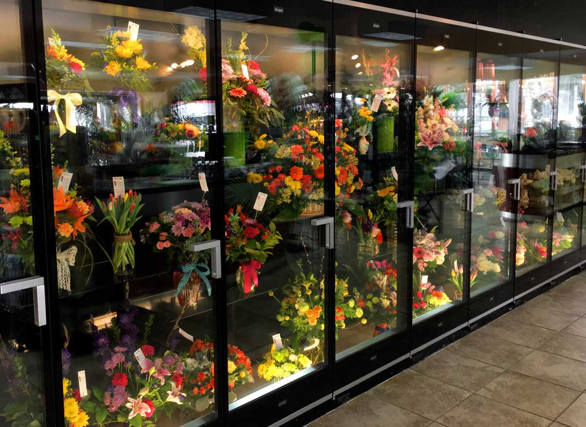 A close look at the lovely bouquets, chilling in our walk-up cooler